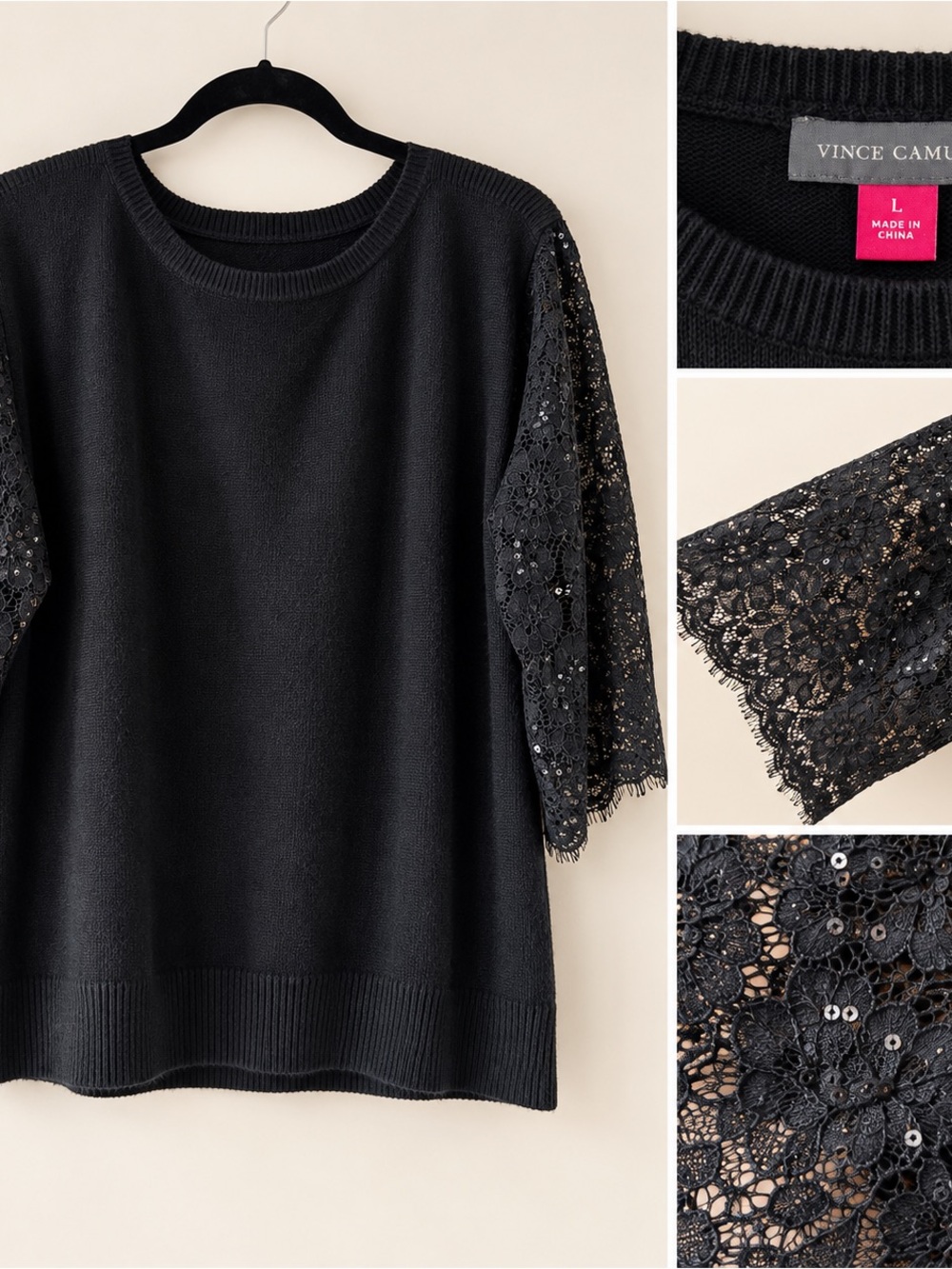 Vince Camuto Black Knit Sweater with Lace Sequin Sleeves